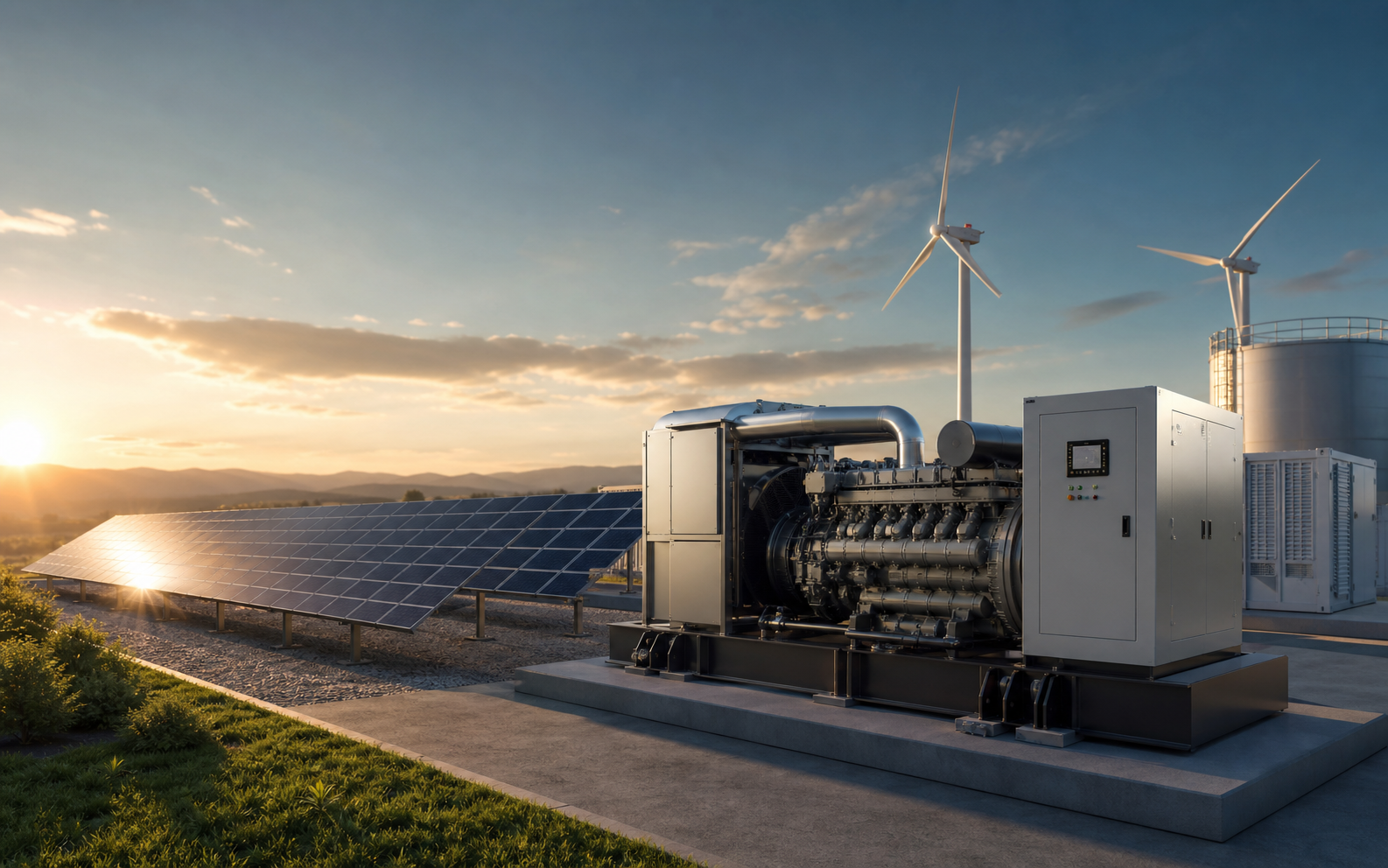 Diesel generator beside solar panels and wind turbines at a modern renewable energy facility